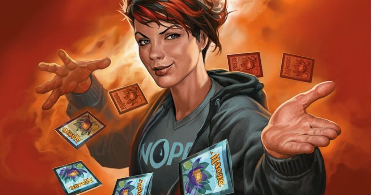 A young Magic: the Gathering player. Has black hair with red highlights. Wearing a grey hoodie and a shirt featuring the word 'nope' in blue utilizing the blue teardrop MTG mana symbol in place of the 'o.' The player is holding his hands towards the viewer, and MTG cards are floating around him with an image of a lotus flower and the Magic logo written on sleeves over the cards.