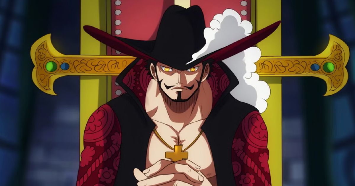 The One Piece character Dracule Mihawk sitting in a throne with their hands clasped together.