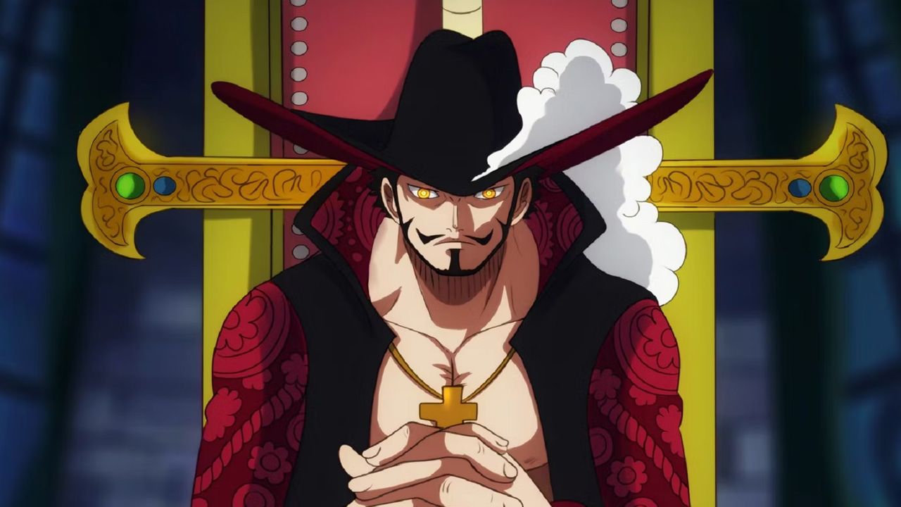 The One Piece character Dracule Mihawk sitting in a throne with their hands clasped together.