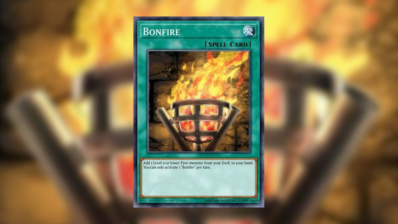 A picture of the spell card Bonfire placed on a blurred background of its own artwork. Depicted in the card image is a torch with a blazing fire in front of an old wall of yellowed stone.